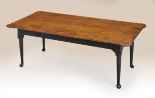 Historical Montauk Porringer Coffee Table with Queen Anne design and porringer ends, available in tiger maple, cherry, or painted finishes.