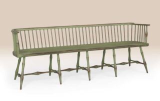 Historical Greenwich Low-Back Bench in apple green over natural finish with bamboo style turnings.