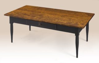 Primitive One Drawer Shaker Coffee Table with turned legs, a dovetailed drawer, and customizable finishes, perfect for Shaker-style decor.