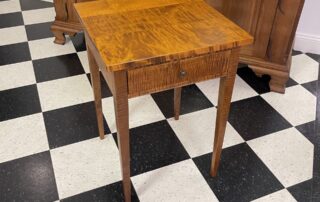 Tiger Maple Shaker Stand with walnut drawer pull, dovetailed drawer, and clean lines, perfect for Shaker or modern interiors.