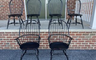 6 Historical Windsor Chairs featuring 2 Sack Back Armchairs and 4 Bow Back Side Chairs with classic Windsor design and durable craftsmanship.