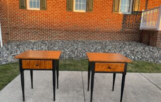 New Pair of Shaker Style Stands with tiger maple tops, dovetailed drawers, and turned legs. Antique black over red crackle finish.