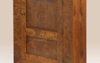 Shaker One Door Cupboard in tiger maple wood with walnut drawer pull.