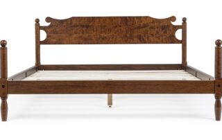 Historical South Carolina Low Poster Bed in tiger maple with shaped headboard and cannonball posts, ideal for farmhouse bedrooms.
