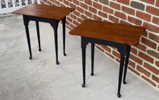 American Made Queen Anne Stands with porringer tops and Queen Anne legs, featuring a tiger maple wood top and antique black over red crackle base.