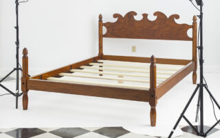 New Model Queen Bed with scalloped headboard, turned posts, and tiger maple wood. A classic low poster bed made in the USA.