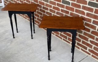 Pair of Farmhouse Stands with porringer tops, turned legs, and a tiger maple wood top with an antique black over red crackle base.