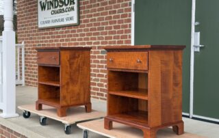 Shaker Stands with Shelf, featuring a dovetailed drawer, interchangeable shelf, and tiger maple wood. Made in the USA.