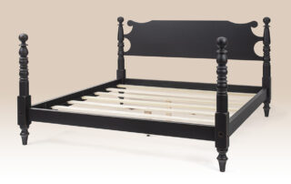 Historical American Cannonball Bed with cannonball-style turned posts and a shaped headboard. Available in Tiger Maple, Cherry, or Historical Painted Finishes. Made in the USA.