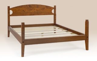 Historical Provincetown Low Post Bed in tiger maple with Shaker-style posts and a clean, simple headboard.