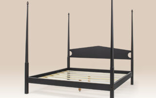 Historical Sherborn Pencil Post Bed with pencil posts and antique black over natural crackle finish.