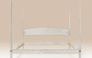 Historical Fenwick Pencil Post Bed with tall posts and linen finish, ideal for farmhouse or cottage bedrooms.