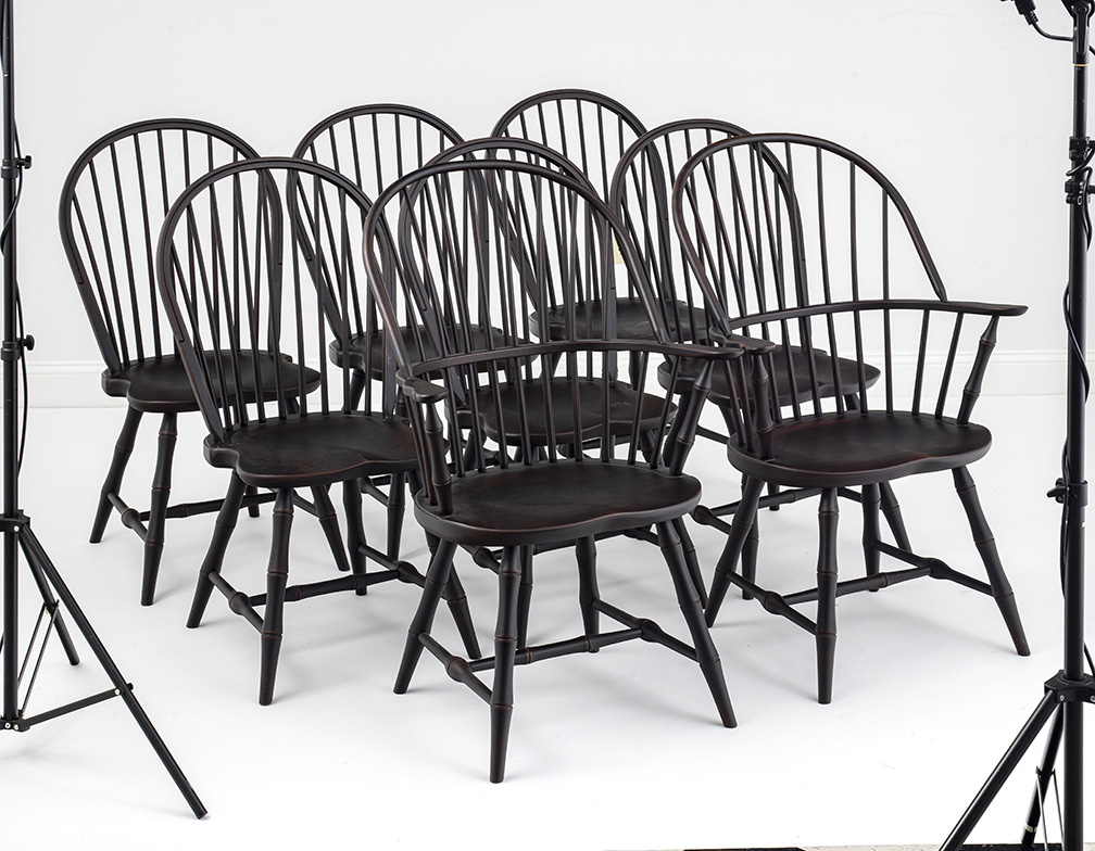 Set of 8 Windsor Chairs with Bamboo Style Turnings-image