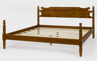 King Size Maine Low Poster Bed in tiger maple wood with thistle motif posts and low poster bed design.